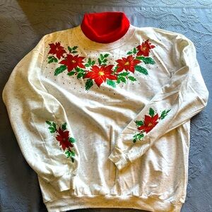 Vintage women’s high neck Christmas sweatshirt poinsettias OS